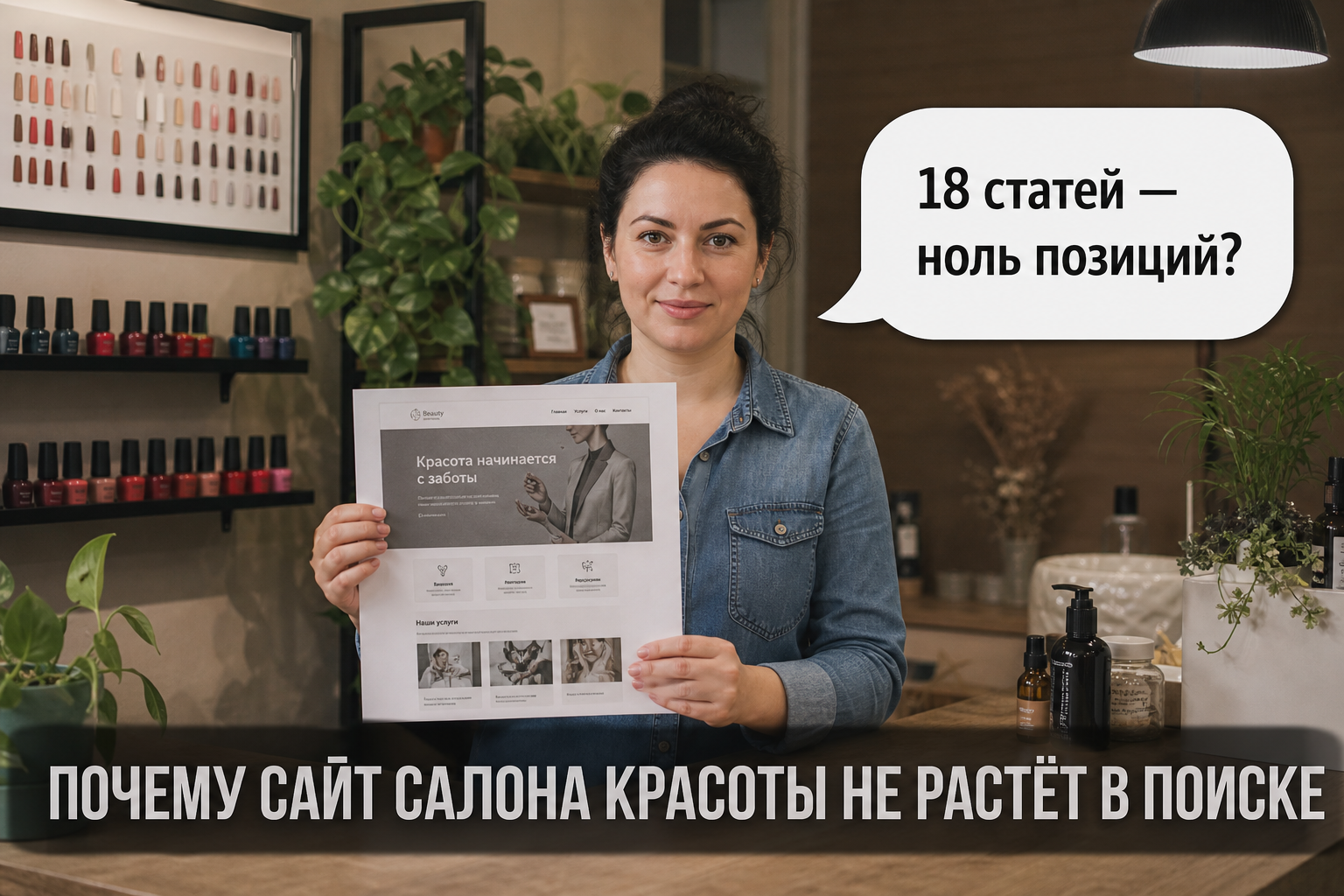 Обложка: владелица салона с бумажным макетом сайта, не человек у доски