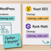 Два листа сравнения адресов карты WordPress, Yoast и Rank Math на светлом столе