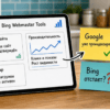 Стикеры Bing Webmaster, sitemap и Copilot на светлом столе - зачем второй кабинет владельцу услуг